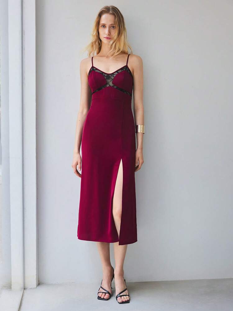 SHEIN Maija Purple-Red And Black Lace Patchwork Design Sling Open Slit Sexy Mid-Length Dress For Women, Elegant Quality, Versatile For Spring/Summer, Festivals And Parties