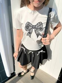 SHEIN 2 Pieces Set: Casual Simple Comfy Crew Neck Top With Bow Design & Pleated Skirt For Teen Girls - Black - View 6