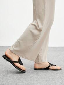 CUCCOO BIZCHIC Punk Style Women PU Leather Round Toe Hollowed-Out Rivet Decor Flat Gladiator Sandals - Black - View 4