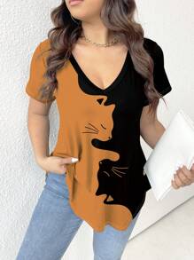 SHEIN LUNE 加大码双色猫咪印花舒适休闲T恤 - 彩色 - 查看 4