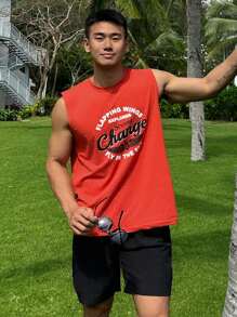 DAZY Men's Summer Letter Print Red Tank Top - Red - View 5