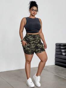 SHEIN EZwear Plus Size Elastic Camouflage Print Shorts Summer Vacation Cowgirl Western Wear Women Business Casual Woman Festival Airport Graduation Rave Rave Festival Y2k Women Cowboy Streetwear Gyaru 2000s Disco Cargo Shorts - Multicolor - View 3