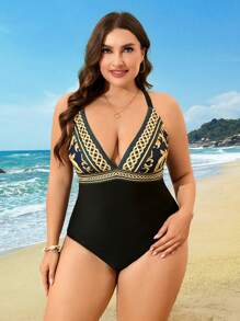 Swim Lushoire 1pc Palm Tree Print Plus Size One-Piece Swimsuit For Women For Summer Beach Vacation