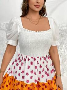 SHEIN Essnce Plus Size Women's Spring And Summer Fashion Casual Loose Comfortable Cute Square Neck Waist Short Sleeve Multicolor Floral Mid-Length Dress,Curve Cute Dress,Sun Dress,European Summer,Tea Party Dress,Beach Vacation Outfits,Vacation Outfits Woman,Bohemia,Mom And Daughter Clothes - Multicolor - View 5