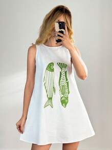 SHEIN Forever 21 Women Fish Print Round Neck Casual Slip Dress, Summer - Green - View 1