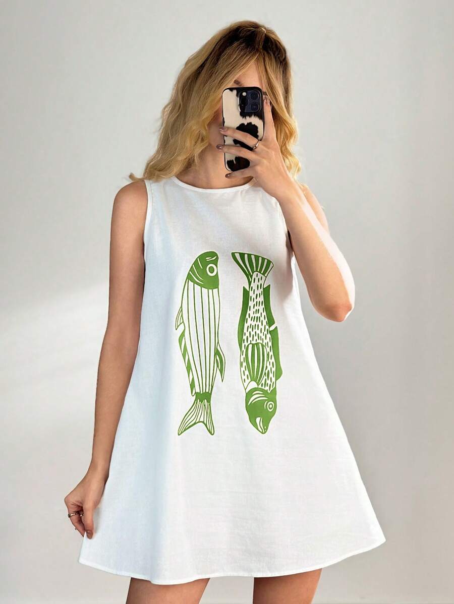 SHEIN Forever 21 Women Fish Print Round Neck Casual Slip Dress, Summer - Green - View 1