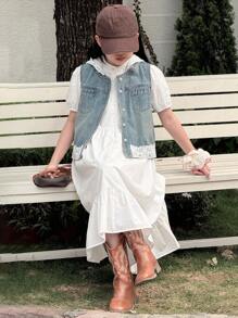 DAZY Tween Girl Sleeveless Hooded Denim Vest, For Summer, Back To School Clothes - Light Wash - View 4