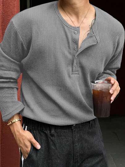 DAZY 男士纯色纹理基本款半拉链 T 恤长袖男士衬衫，秋季