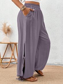 SHEIN LUNE Plus Size Front Slit Lace-Up Loose Tapered Pants, Solid Color, Fashionable For Summer - Purple - View 3