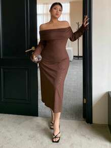 Dazy Plus Solid Color Off-Shoulder Wrap Elastic Elegant Mesh Panel Long Sleeve Dress,Fall Dress Prom Dress