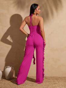 Vixey Ruffle Cut Out Halter Cami Strap Wide Leg Jumpsuit, Boho, Boho Women Clothing, Country Concert Outfit, Western, Country Outfits Women, Western Wear Women, Summer Outfits For Women, Island Vacation Outfits, Vacation Outfits Woman, Beach Outfits For Women - Hot Pink - View 3