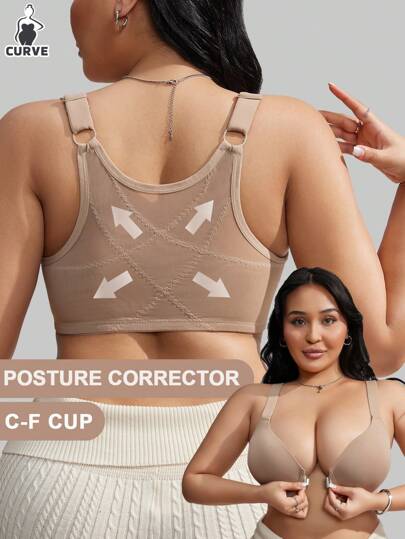 Women's Plus Size Adjustable Shoulder Strap Cross Back Appeal Posture Corrector Front Closure Underwire Bra, Lift