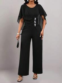 SHEIN Unity Women's Crew Neck Casual Comfort Patchwork Jumpsuit - Black - View 5