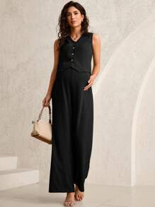 MaterniWear Maternity Two Pieces Suits Maternity Clothes>Two-Piece Suits,Maternity Set Maternity Work Clothes Maternity Summer,Maternity Pants Maternity Tops,
2pcs Maternity Office Outfits For WomenSolid Color Single-Breasted Waistcoat & Adjustable Waist Pants  Simple Set Summer - Black - View 4