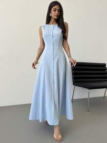 Firerie New Summer Women Simple Elegant Commuting Daily Casual Outdoor Travel Vacation Blue Sleeveless Front Button Design A-Line Mid-Length Dress,Graduation Dresses