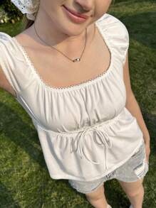 SHEIN EZwear Áo thun tay ngắn họa tiết ren đơn sắc thường ngày dành cho nữ, mùa hè - trắng - Xem 6