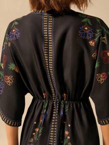 CAJUNI Women's Boho Vacation Parrot, Pineapple, Tropical Plant Printed V-Neck Batwing Sleeve Tie-Knot Waist Short Summer Vacation Dress - Multicolor - View 6