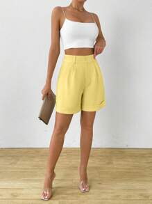 Celisse Women's Plain Color Pleated Pocket Wide Leg Loose Casual Shorts - Yellow - View 4