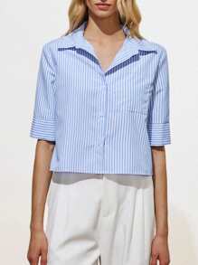 Lumivelle Blue And White Vertical Striped Loose Short Sleeve Button Up Cardigan With Pockets