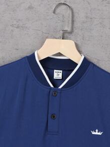 SHEIN Vacaura Teenage Boys' Casual Stand Collar Knit Polo Shirt - Navy Blue - View 5