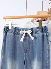 SHEIN Tween Girl Spring And Summer Boho Drawstring Waist Wide Leg Denim Jeans , Summer Fall Clothes - Light Wash - View 7