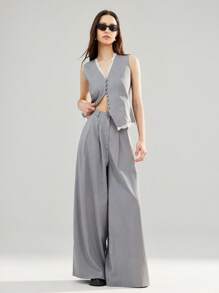 Aveloria Affinna 女装夏季新款蕾丝拼接V领单排扣无袖背心搭配阔腿西装裤修身办公室西装套装 - 灰色 - 查看 6