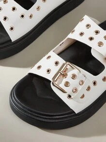 Solecia Women's Adjustable Eyelet Buckle Design Fashion Cork Wedge Slide Sandals - White - View 3