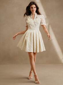 Anewsta فستان قصير أنيق أنيق مع حواف من الدانتيل والأكمام المكرمة، أنماط الصيف للشاطئ والمهرجانات والعطلات - لون مشمشي - مشاهدة 5