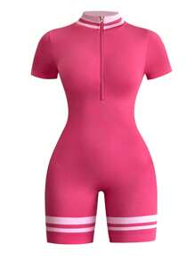 SHEIN Sport Studio Contrast Striped Short Sleeve Fitted Sports Jumpsuit