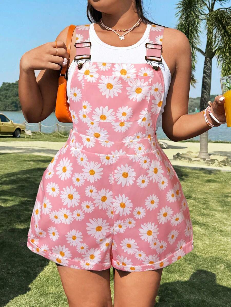 Flirla Plus Size Women Casual Daisy Printed Dungarees - Multicolor - View 1