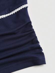 Sweetra Navy Slim Fit Ruched Lace Patchwork Cap Sleeve T-Shirt
