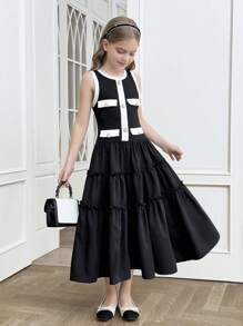 SHEIN Tween Girls Casual Round Neck Short Sleeve Bow Decor Straight Dress
