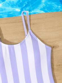SHEIN 青少年女孩条纹泡泡网可调节肩带连体泳衣，适合度假、海滩、冲浪、游泳