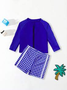 Ensemble de débardeur et maillot de bain à manches longues avec imprimé à carreaux pour tout-petits garçons. Convient pour la plage, la piscine, les fêtes.