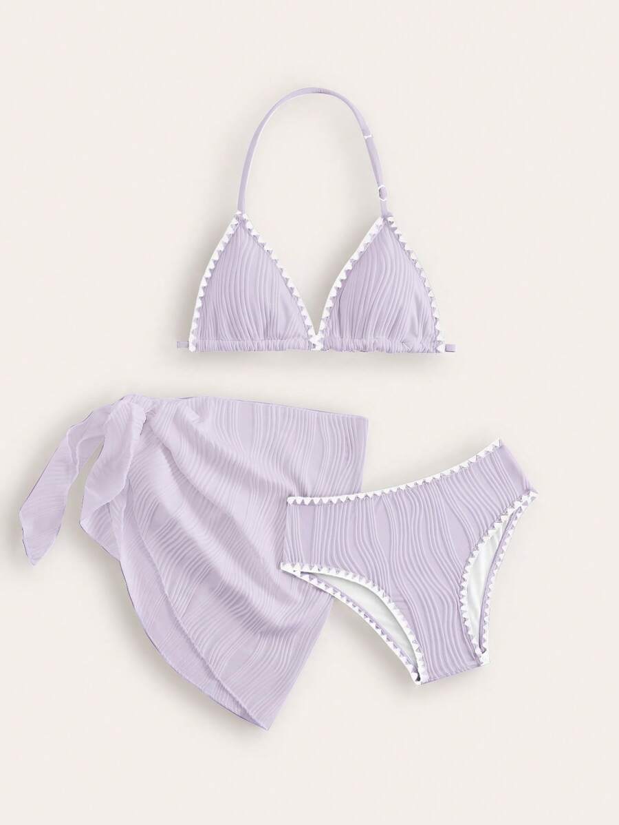 全新时尚花卉装饰少女吊带泳衣套装（含罩衫和裙子） - 淺灰紫 - 查看 1