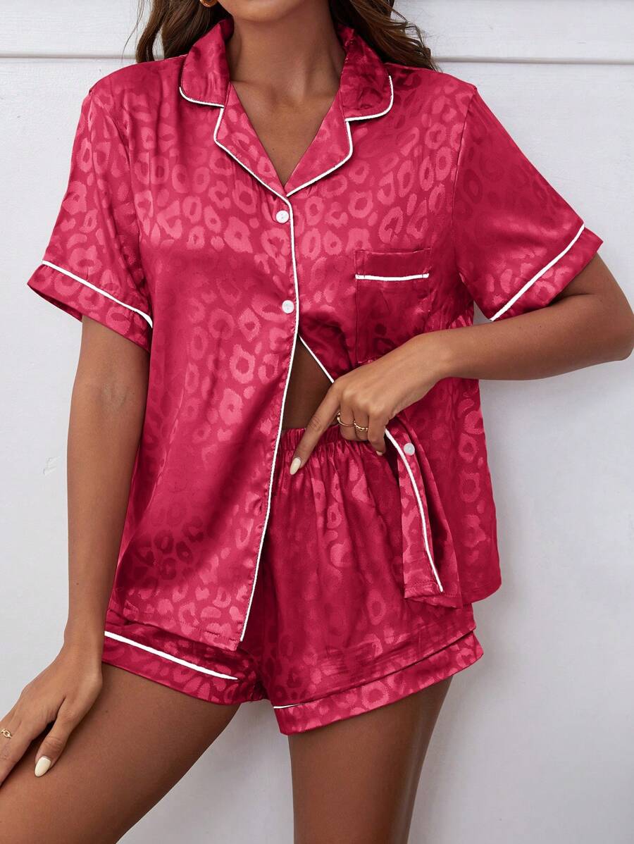 SHEIN 豹纹睡衣短裤女士睡衣套装，时尚，适合夏季 - 酒紅色 - 查看 1