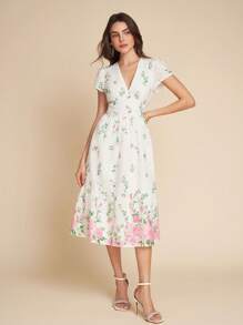 Amorya SHEN Clasi Women V-Neck Overlap Embroidered Floral Print Waisted Elegant Casual Holiday Swing Midi Dress With Pockets, White