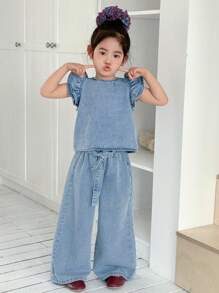 SHEIN 2pcs/Set Young Girl Blue Denim Ruffle Sleeve Top With Belt And Straight Leg Pants - Light Wash - View 2