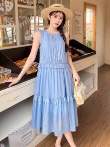 SHEIN Teen Girls Blue Elegant Minimalist Round Neck Sleeveless Loose Stylish Woven Casual Dress, Summer, Ruffles, A Pendulum
