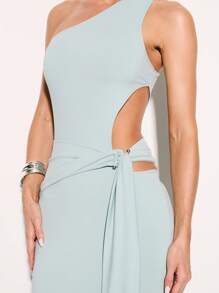 KIZN Đầm Maxi khoét một bên vai, dáng ôm, dài chấm đất, dự tiệc, tiệc cưới, tiệc sang trọng, sang trọng mùa xuân hè - Màu xanh bụi bặm - Xem 5