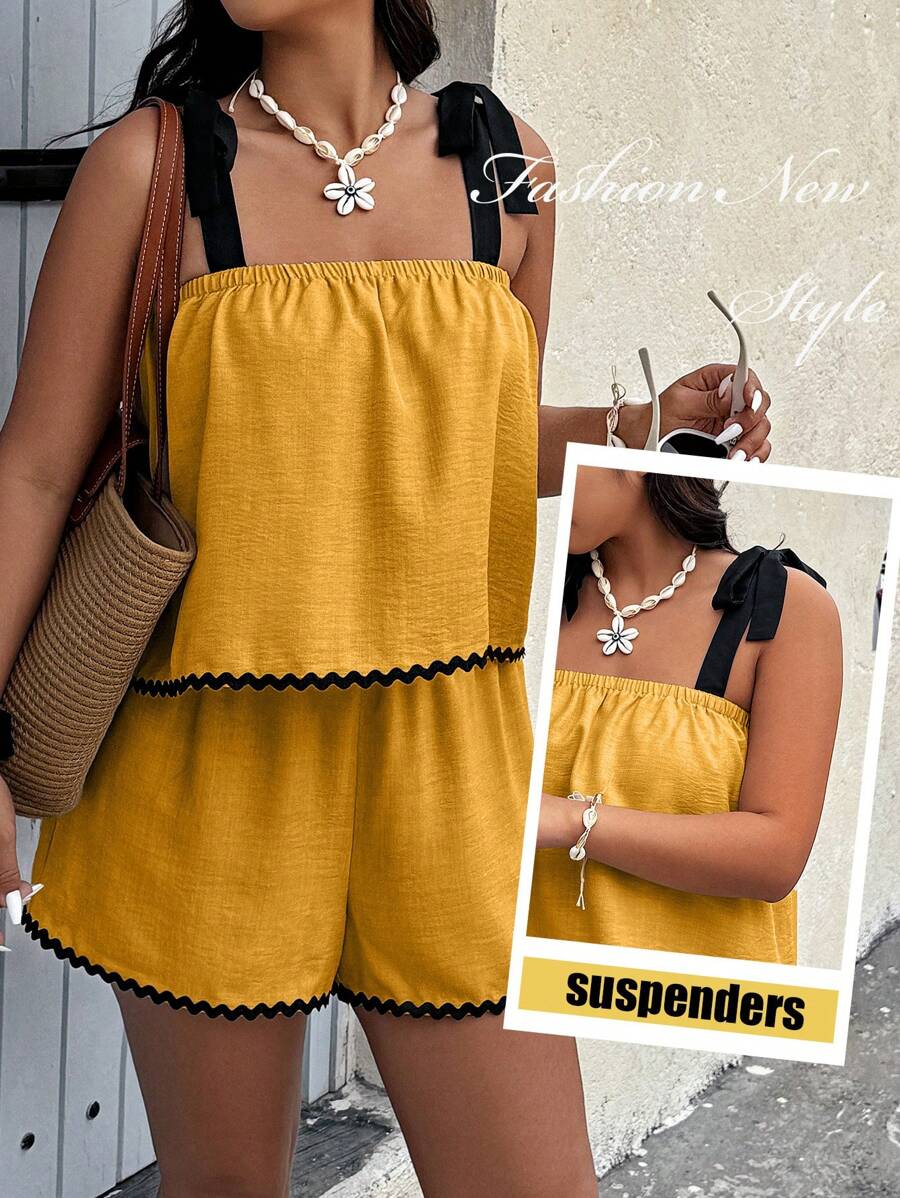 SHEIN Clasi Set de 2 piezas de top de tirantes ondulados y shorts para mujer de talla grande - Mostaza Amarilla - Ver 1