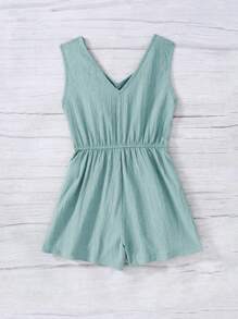 Tween Girls Twist Vest-Style Casual Jumpsuit With Front Buttons Decorated In Woven Texture Material, Suitable For Spring Outings, Pastoral Style, Garden Afternoon Tea, Casual Outings - Mint Green - View 8