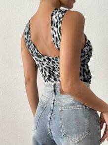 INAWLY Ladies' Leopard Print Cross Wrap Ruched Sleeveless Bodysuit - Black and White - View 2