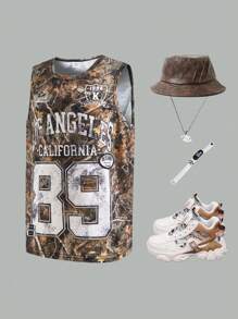 SHEIN Canottiera casual per ragazzo in età preadolescenziale, stile scolastico, comoda e versatile, realizzata in tessuto morbido con stampa di foglie e numeri, adatta per primavera, estate, uso quotidiano, attività all'aperto, sport, scuola, strada, feste e tempo libero