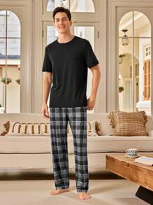 2PCS Men's Solid Color Short Sleeve Top And Plaid Pants Pajama Set For Sleepwear Loungewear - Black - View 5