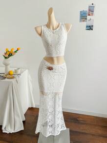 Soleia 女士度假套装：镂空针织吊带背心和紧身鱼尾下摆裙，适合派对、音乐节、海滩、约会、夏季 - 米色 - 查看 3
