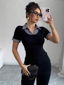 Selianne 女士立领拼色短袖商务休闲T恤 - 黑色 - 查看 3