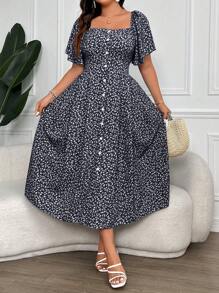 Calvaya Plus Size Women's Ditsy Floral Print Square Collar Buttoned Dress Maxi Women Outfit