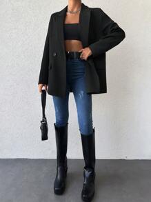 EURMUSE Lapel Neck Double Button Blazer - Black - View 3