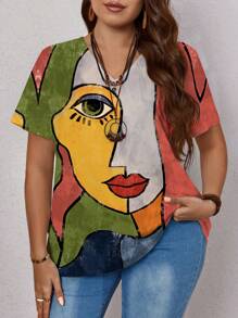 EMERY ROSE Plus Size Women Abstract Face Print Casual Loose Short Sleeve T-Shirt, Suitable For Summer